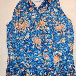 Sodi Size 14 Button Up Long-sleeve Blue Floral Tropical Shirt